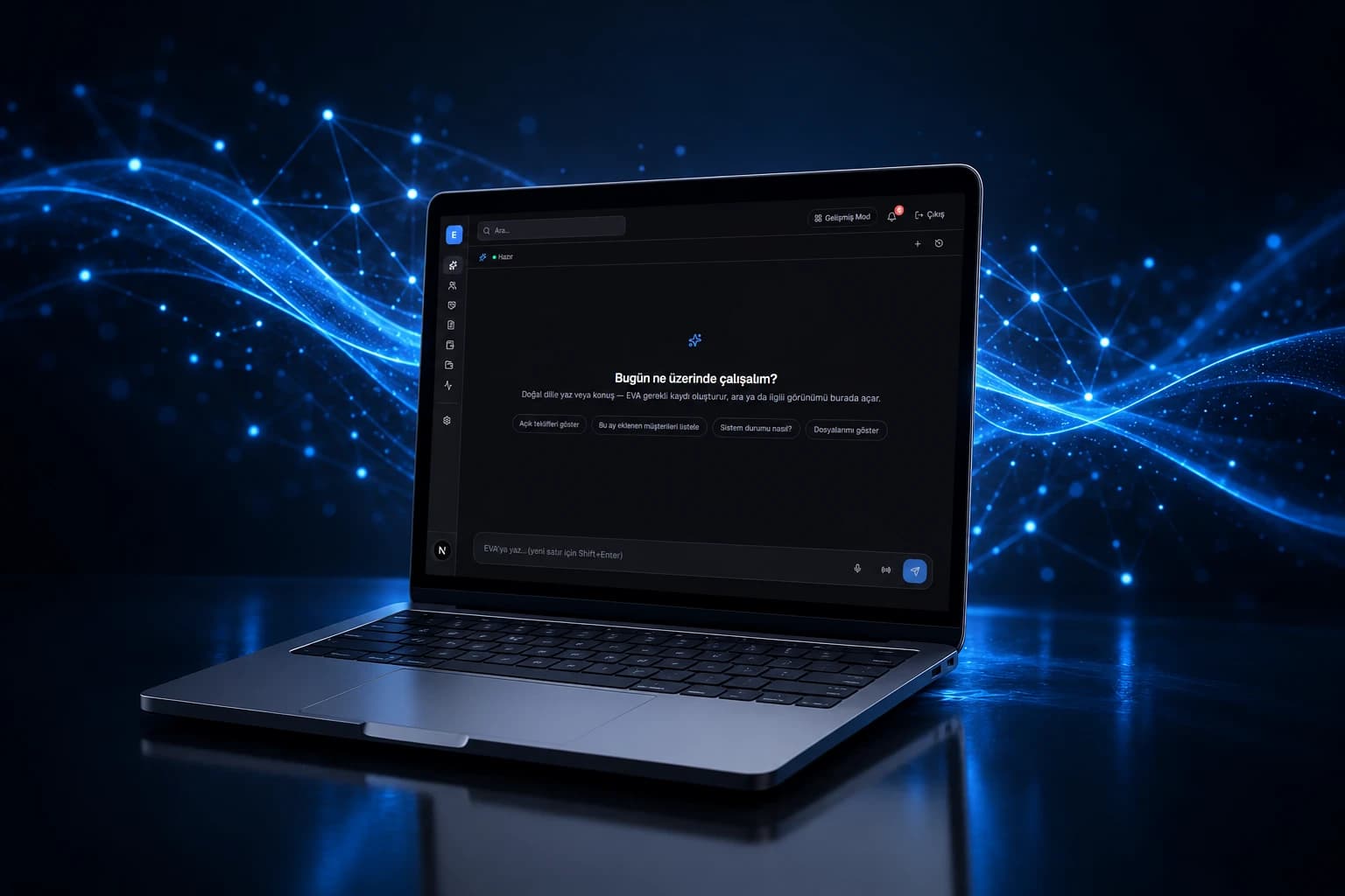 EVA AI CRM — dizüstü bilgisayar ekranında yapay zeka asistanı sohbet arayüzü