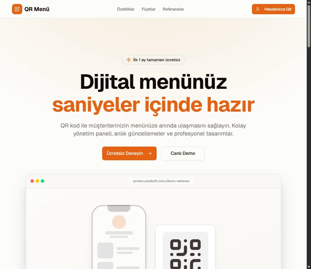 EVDSOFT QR menü ürün ekranı